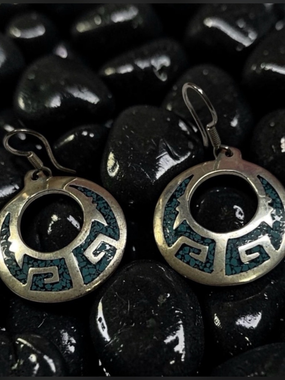 Vintage Taxco Mexico Sterling Silver Turquoise Inlay Geometric Drop Earrings